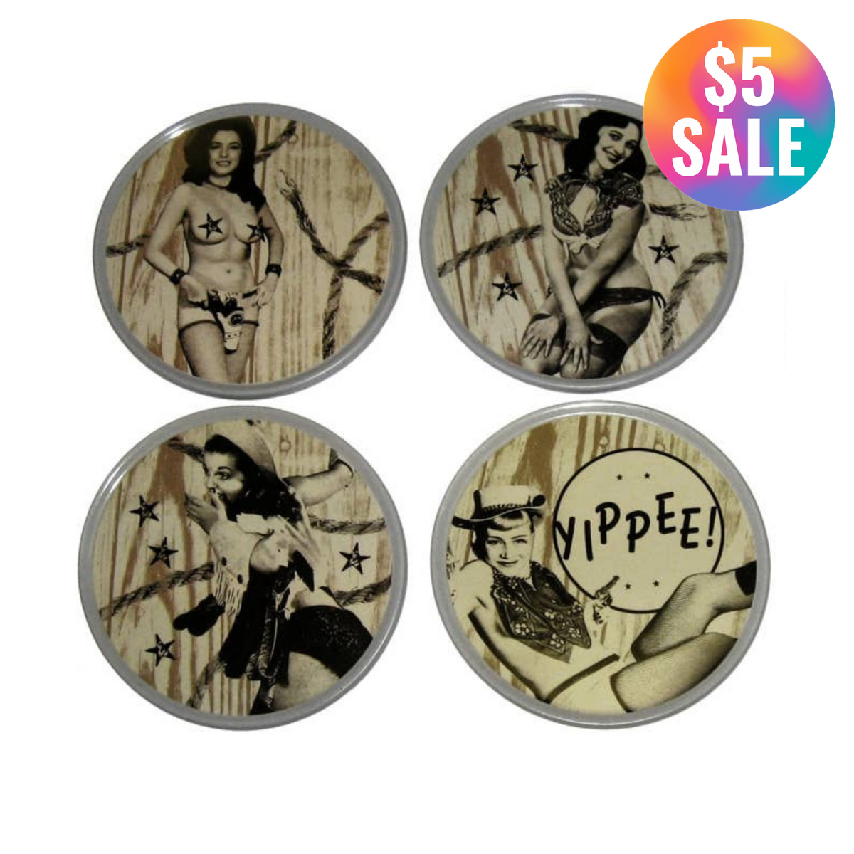 Set of four circular coasters with vintage-style images and text on a white background.