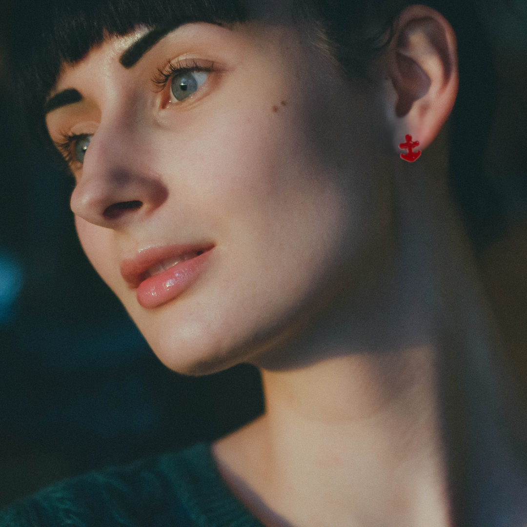 Sourpuss Red Anchor Earrings | Nautical Rockabilly Studs | Retro Sailor Jewelry