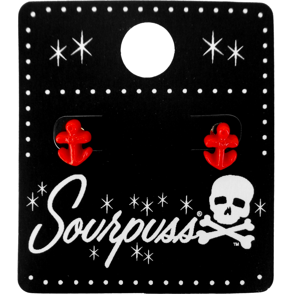 Sourpuss Red Anchor Earrings | Nautical Rockabilly Studs | Retro Sailor Jewelry