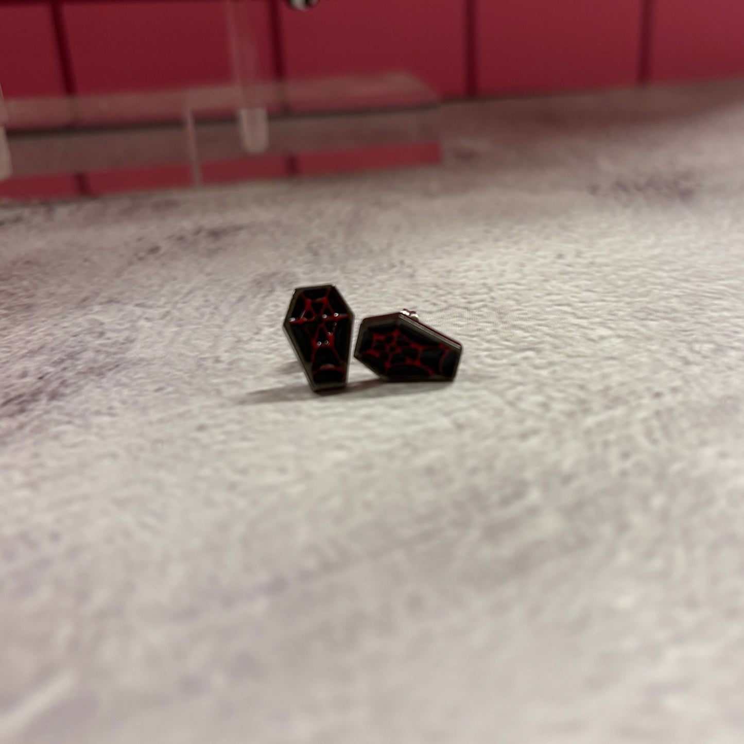 Sourpuss Red & Black Coffin Earrings | Gothic Studs Alternative Jewelry | Spooky Fashion Accessories