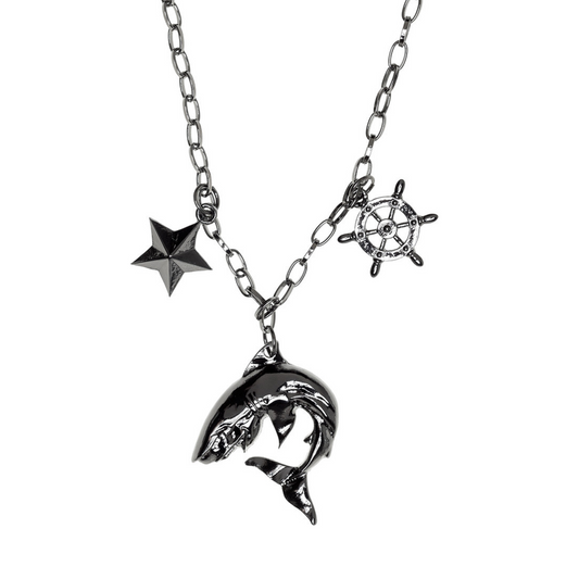 Necklace with dolphin pendant, star, and ship steering wheel charm on a white background