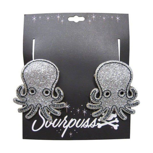 Sourpuss Silver Glitter Octopus Hair Clips Set of 2 | Nautical Rockabilly Hair Accessories
