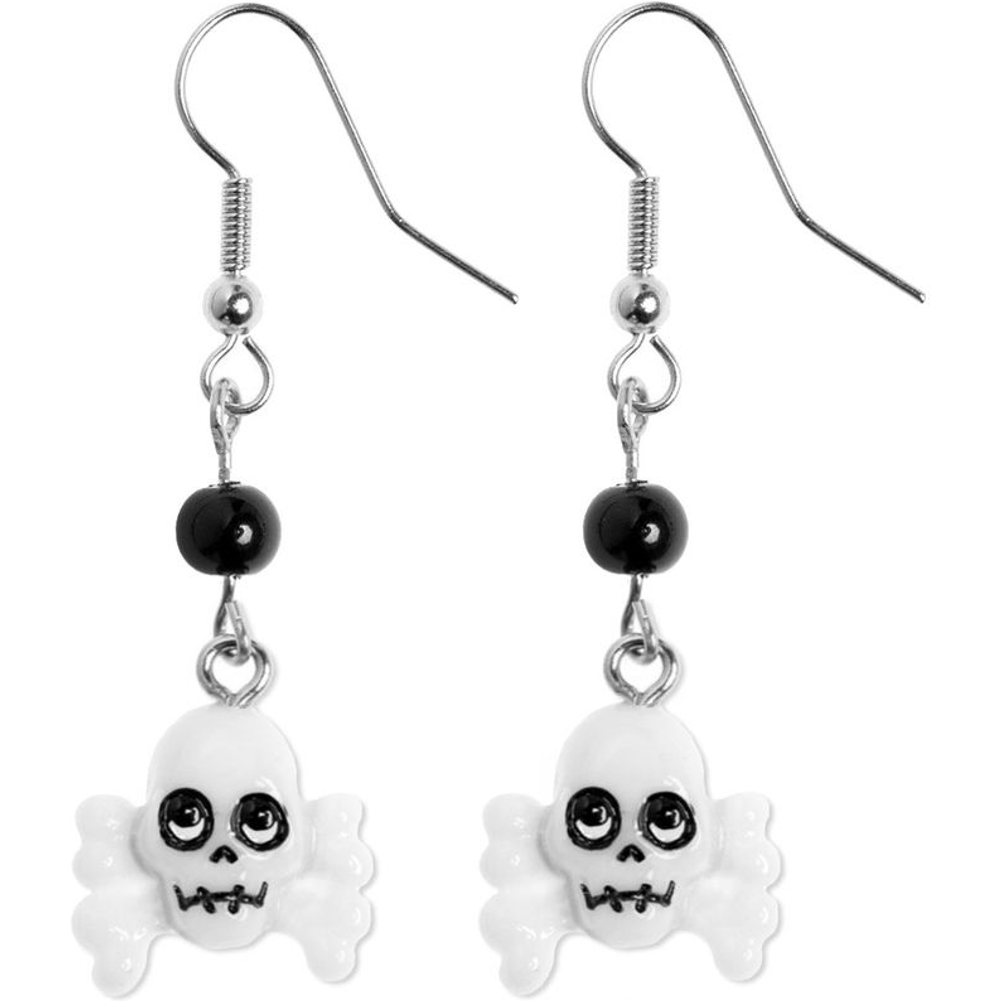 Skull-shaped earrings with black beads on a white background