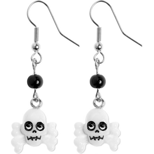 Skull-shaped earrings with black beads on a white background