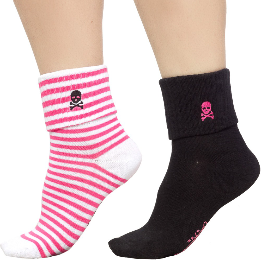 Sourpuss Skull Socks in Set of Two | Pink White Striped & Black Cuffed Novelty Socks Women Size 5-10