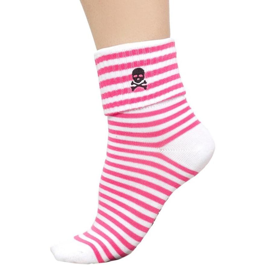 Sourpuss Skull Socks in Set of Two | Pink White Striped & Black Cuffed Novelty Socks Women Size 5-10