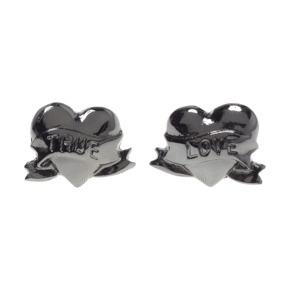 Heart-shaped earrings with 'THANKS' and 'LOVE' text on a white background