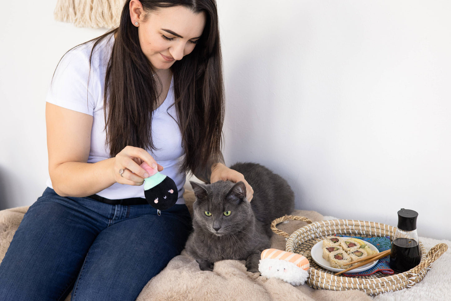 Soy Sauce and Sushi Cat Toy Set | Plush Toys for Pet Lovers | Giftable Cat Stocking Stuffer