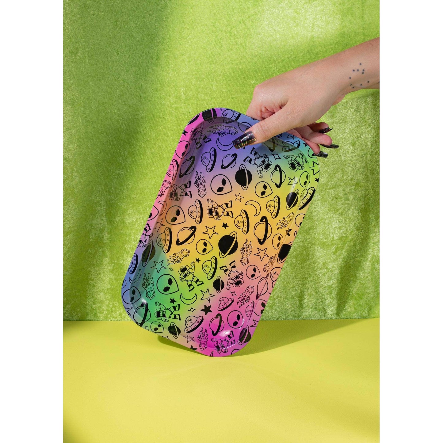 Space Doodle Rolling Tray | Celestial Aliens UFOs Metal Catchall Server Tray | 10" x 6"