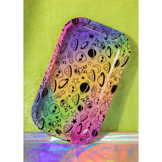 Space Doodle Rolling Tray | Celestial Aliens UFOs Metal Catchall Server Tray | 10" x 6"