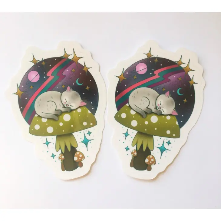 Space Kitty Cat Sleeping on Mushroom Vinyl Sticker | 3"