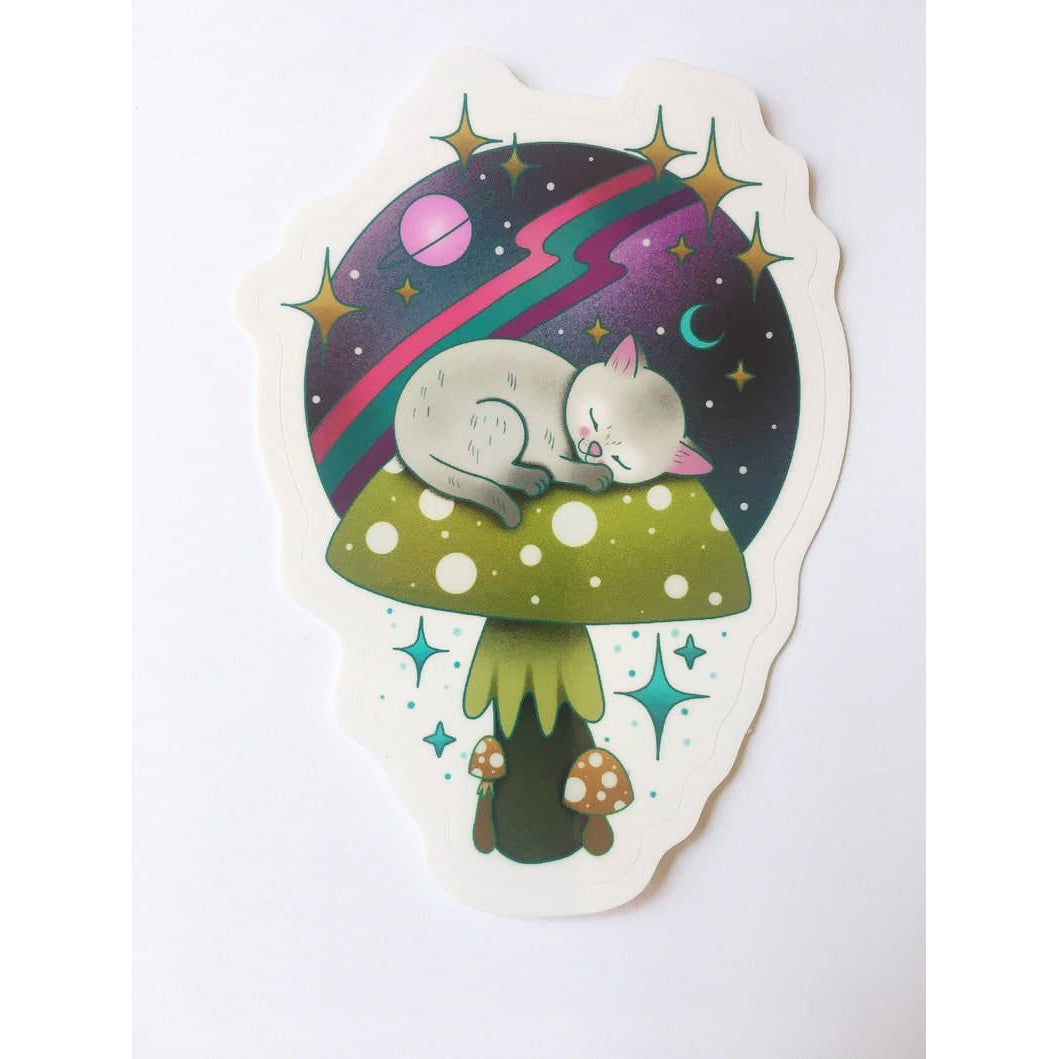 Space Kitty Cat Sleeping on Mushroom Vinyl Sticker | 3"