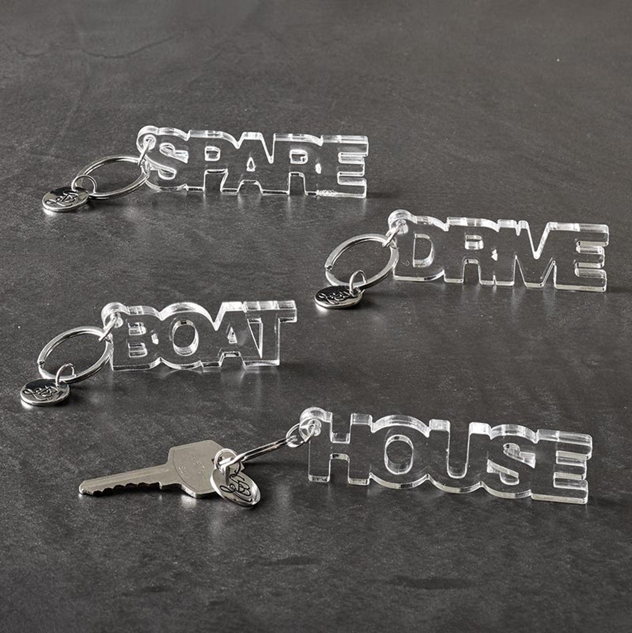 Spare Acrylic Keychain | Clear Word Shaped Key Holder | 3.5"L x 1"H