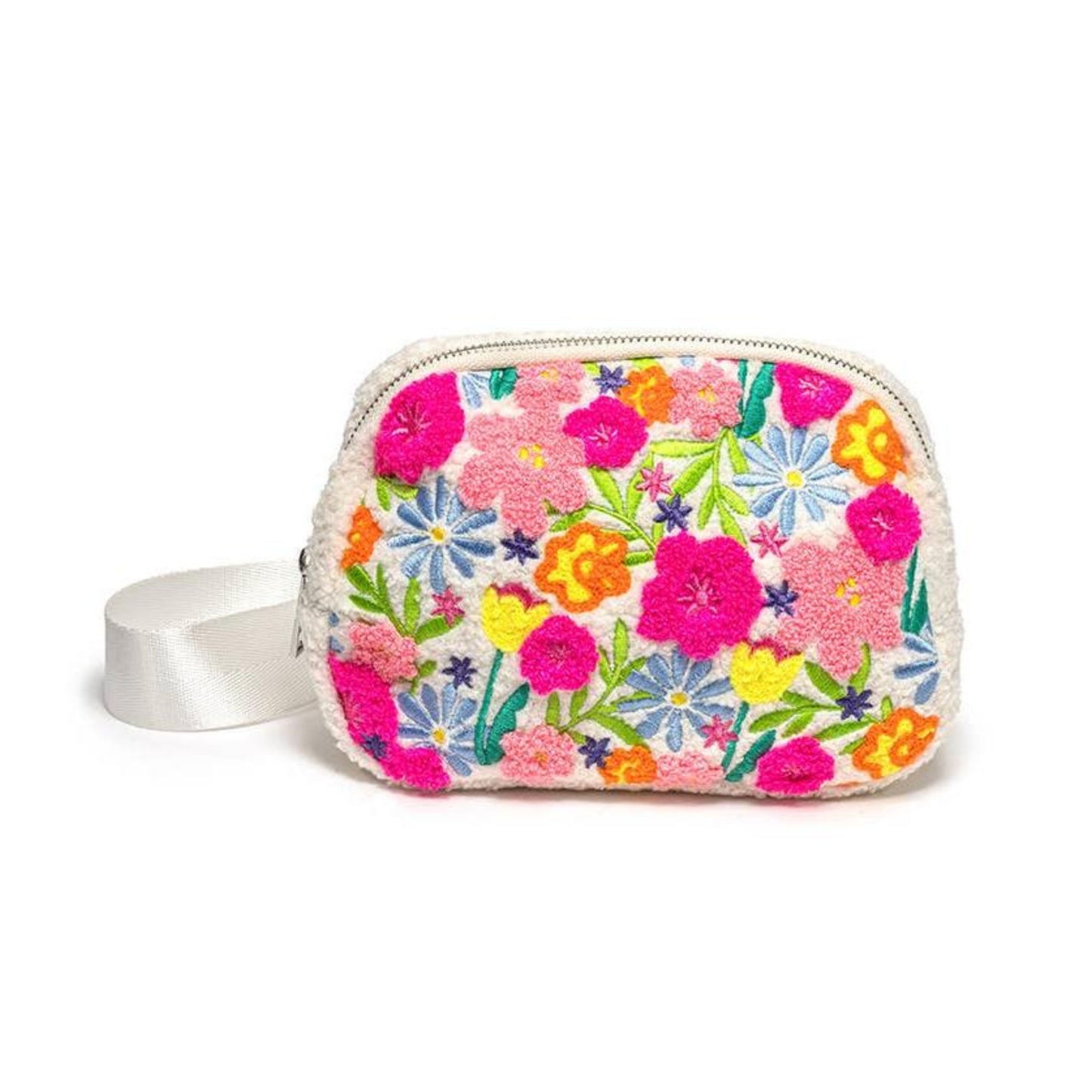 Spring Flowers in Bloom White Adjustable Belt Bag | Floral Crossbody Waist Bag