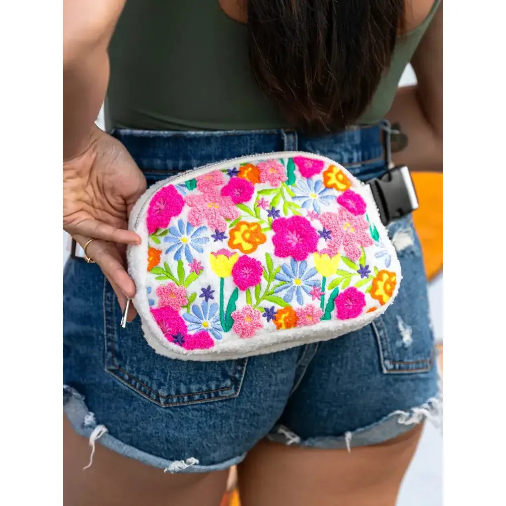 Spring Flowers in Bloom White Adjustable Belt Bag | Floral Crossbody Waist Bag