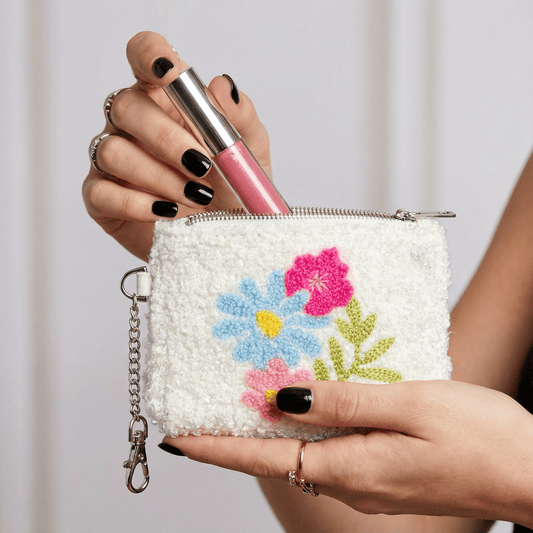 Spring Flowers in Bloom White Keychain Pouch | Cards & Cash Key Chain Wallet Purse