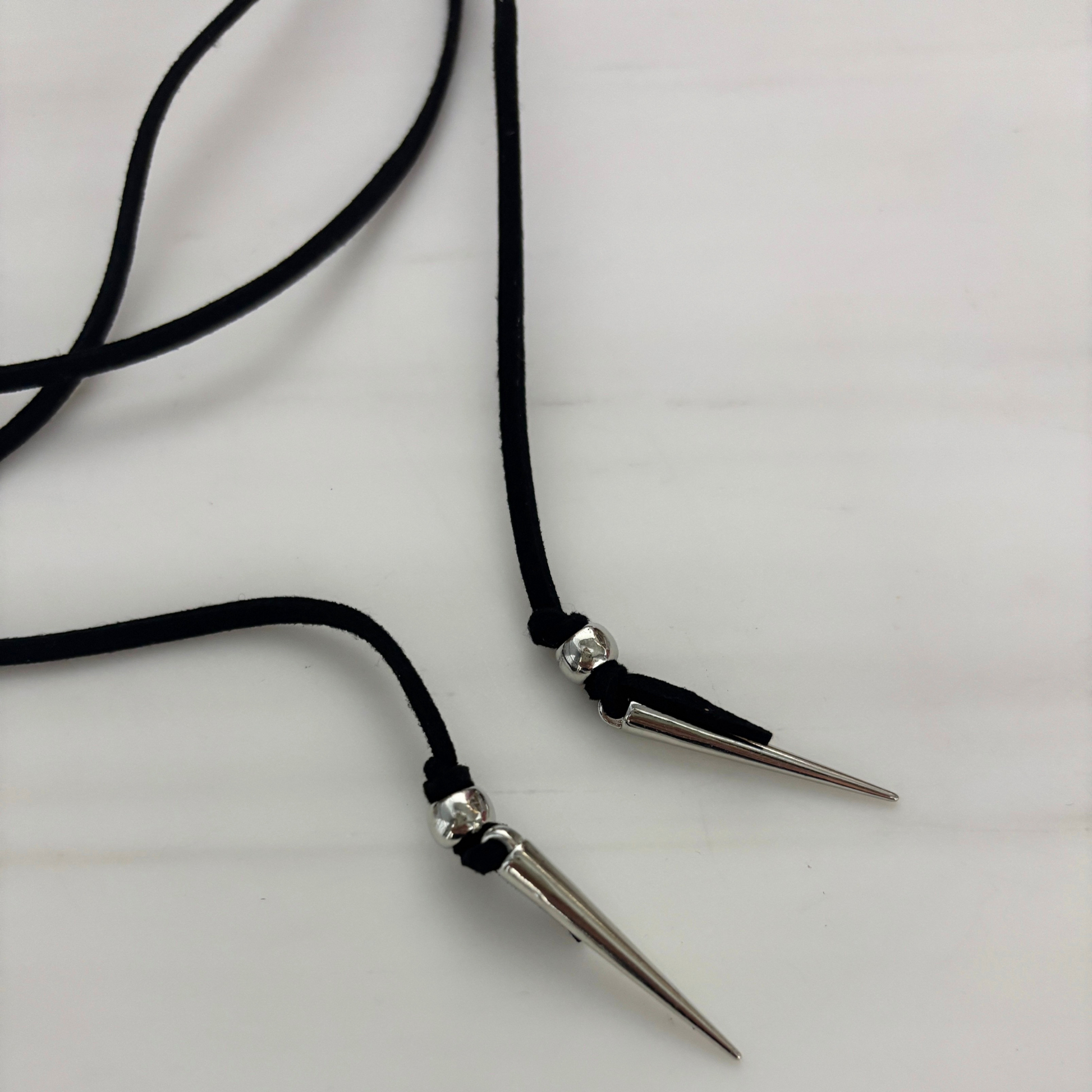 Stabby Cord Wrap Necklace | Black Faux Leather Multi-Wrap with Silver Spike Pendants | 56"