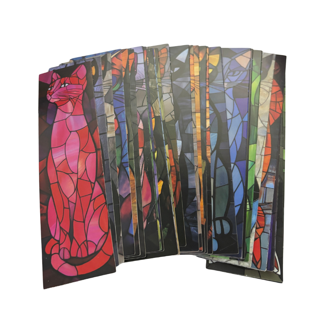 Stained Glass Cats Bookmark Set of 30 | Assorted Cat Art Cardboard Bookmarks