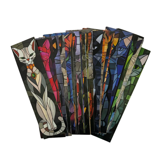 Stained Glass Cats Bookmark Set of 30 | Assorted Cat Art Cardboard Bookmarks