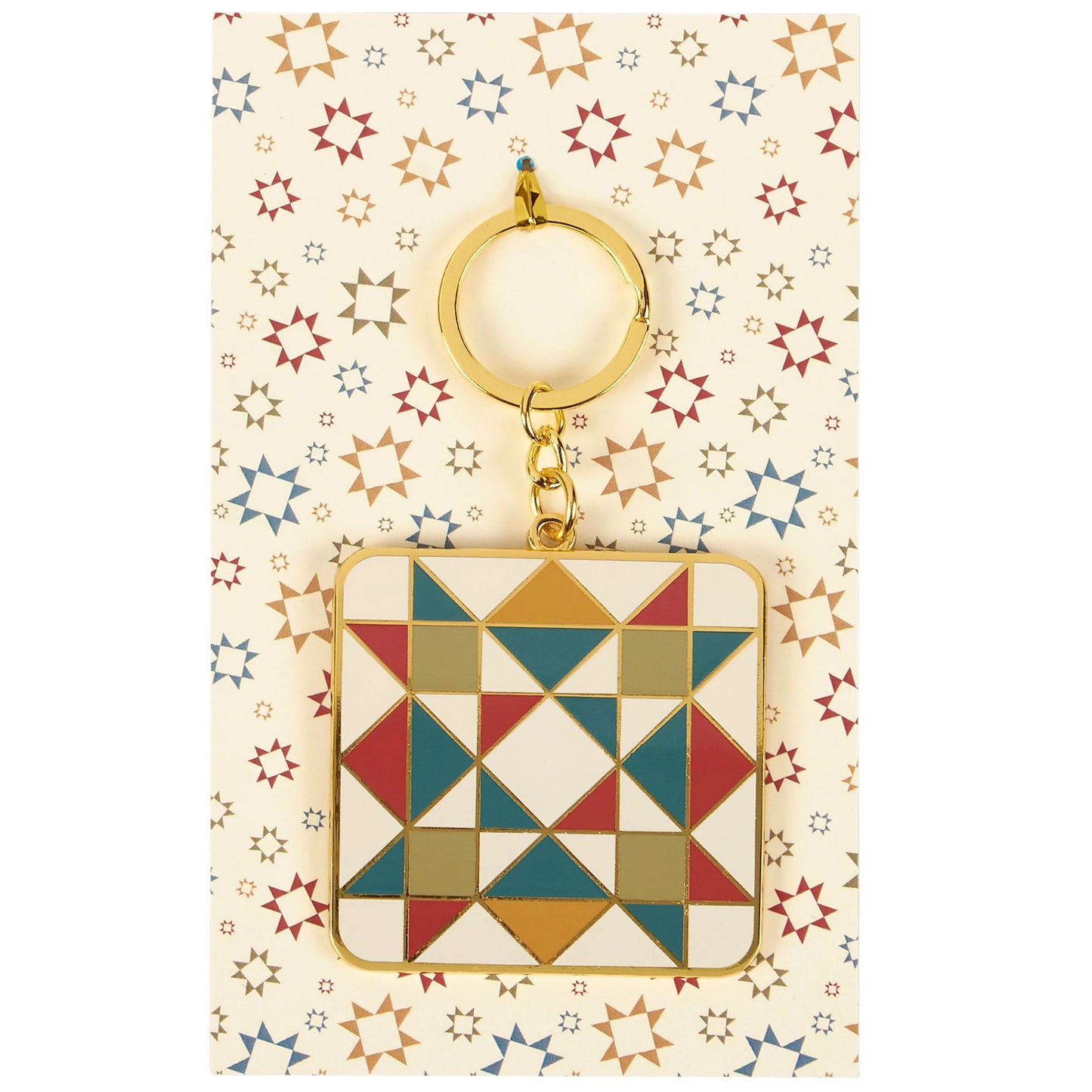Keychain with geometric design on a patterned card