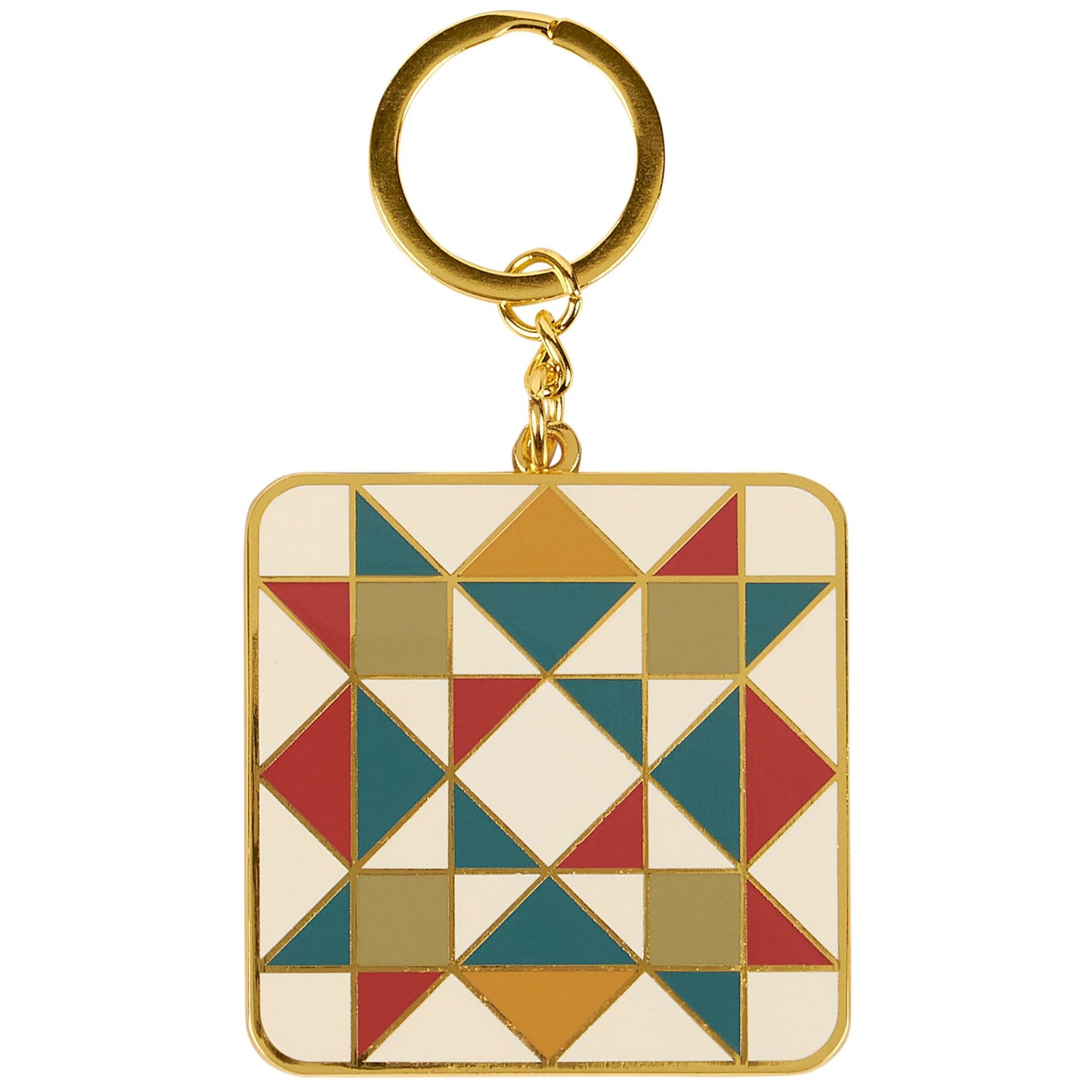 Geometric patterned keychain with gold ring on a white background