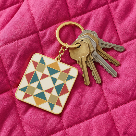 Star Quilt Enamel Keychain | Gold Accent Quilting Star Key Ring Gift