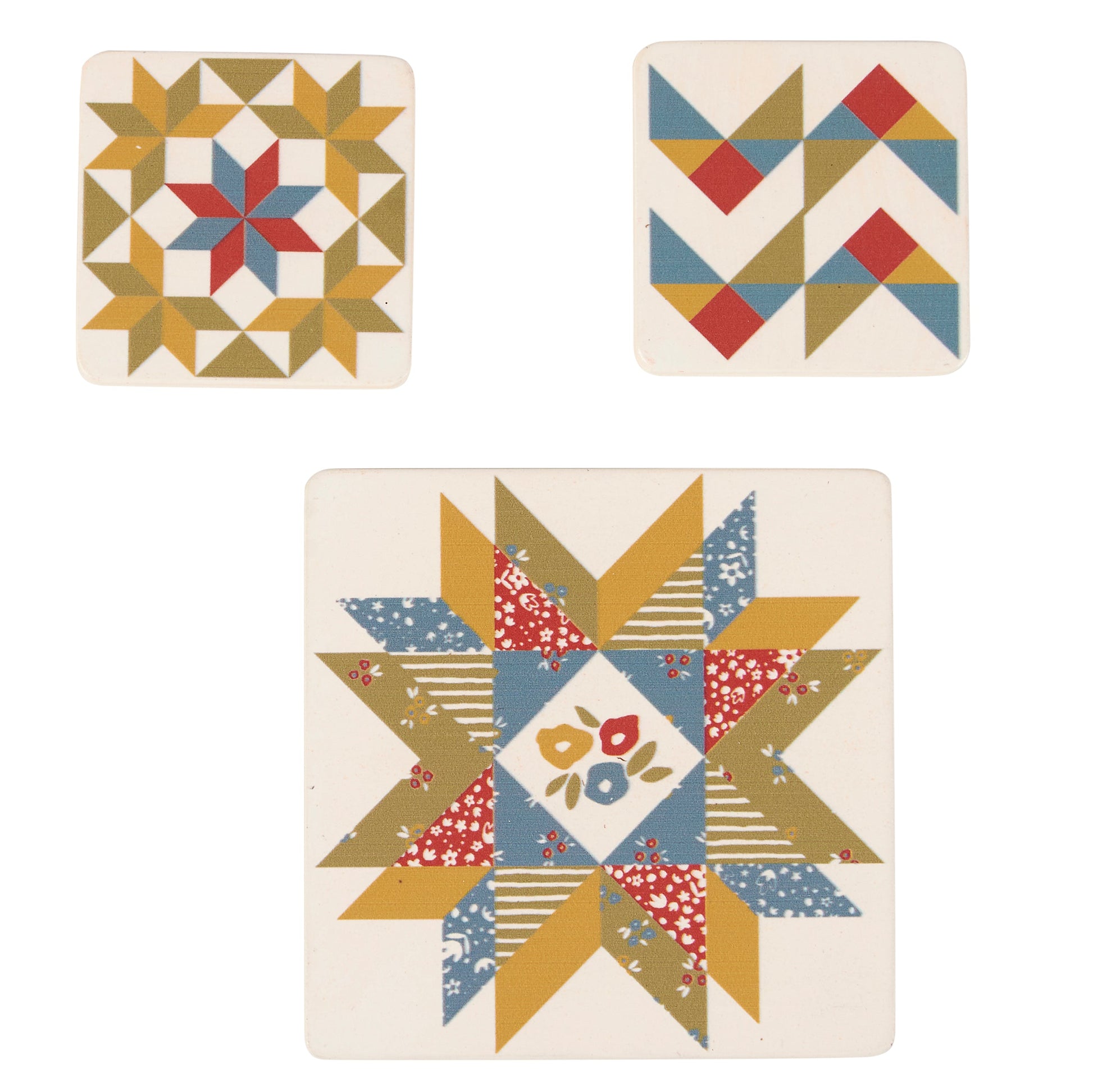 Star Quilt Magnet Set | 3 Magnets on a Metal Gift Backing | Refrigerator Memo Holder Decor