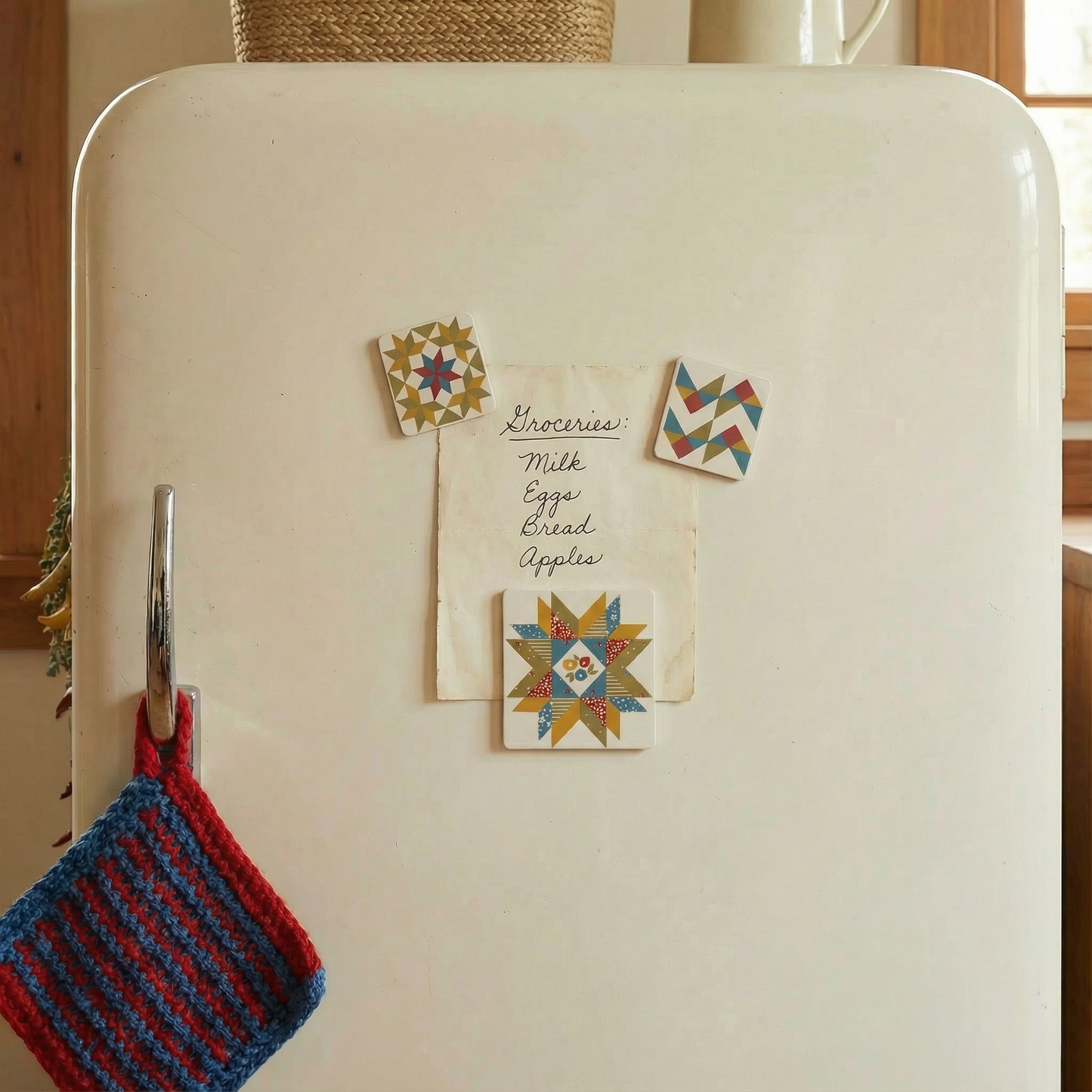 Star Quilt Magnet Set | 3 Magnets on a Metal Gift Backing | Refrigerator Memo Holder Decor