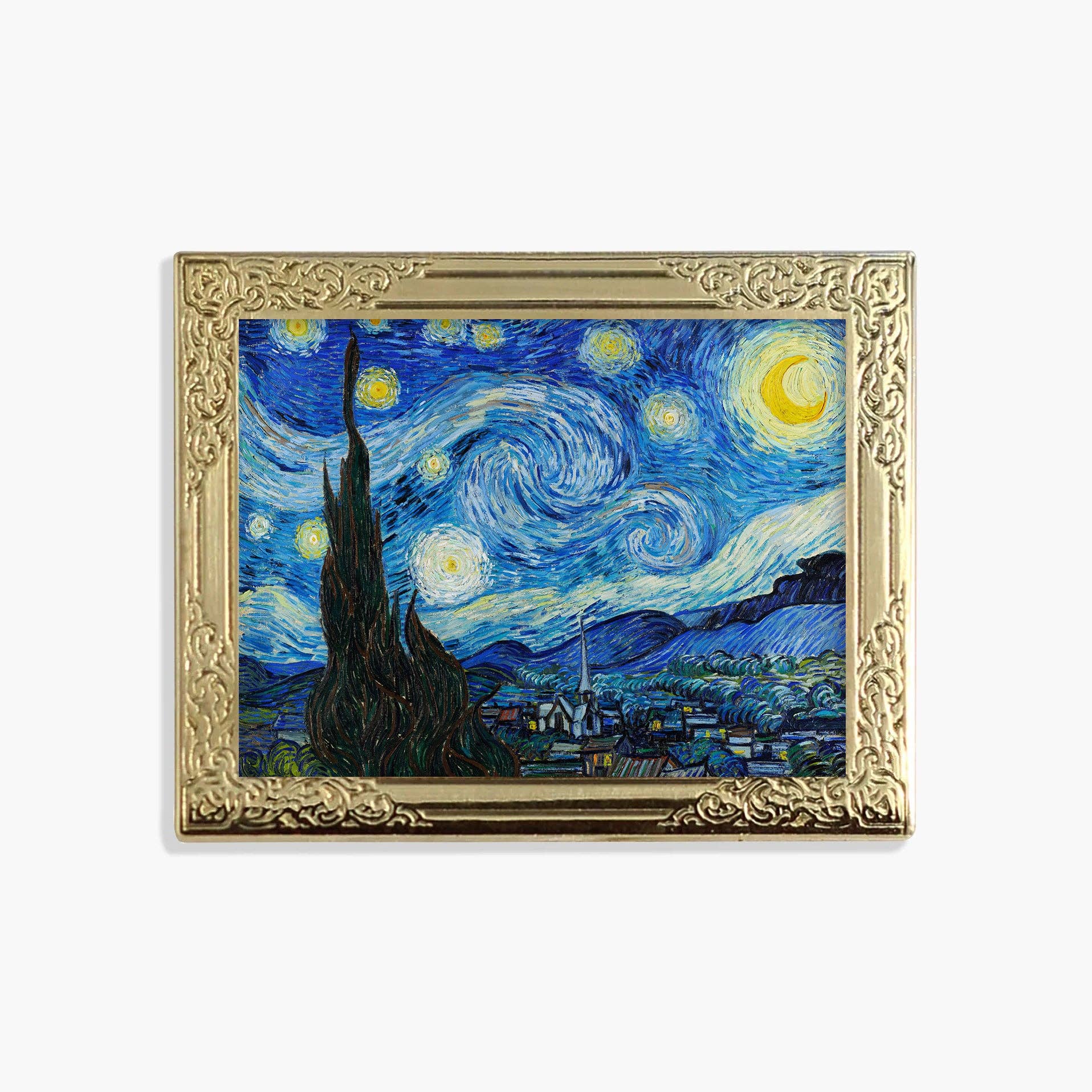 Lapel pin of a framed copy of 'Starry Night' by Van Gogh 