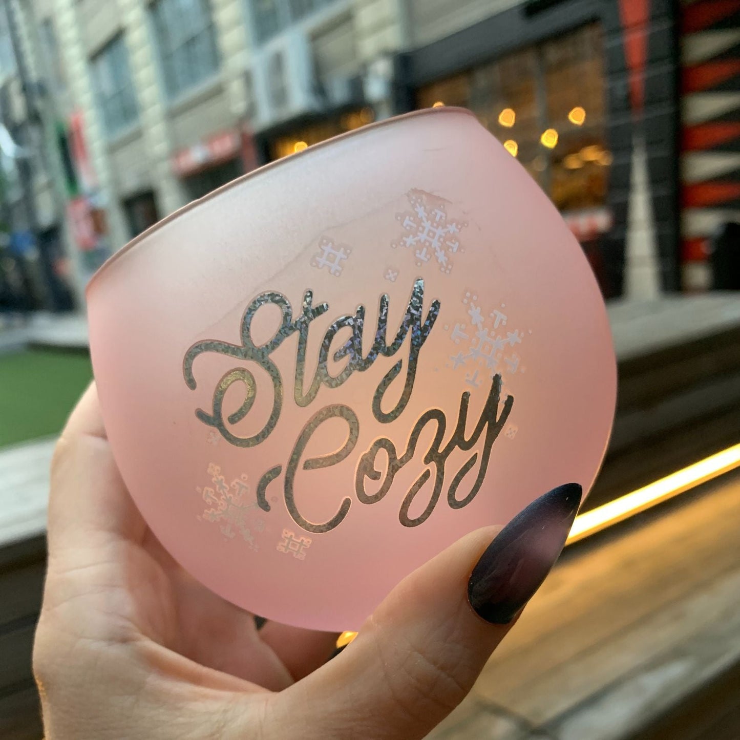 Stay Cozy Roly Poly Blush Pink Ombre Wine Glass | 13 oz. | Fall Christmas Snowflake Hygge Themed Small Wine Glass