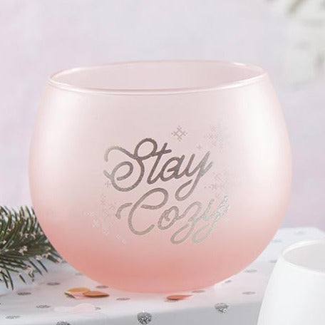 Stay Cozy Roly Poly Blush Pink Ombre Wine Glass | 13 oz. | Fall Christmas Snowflake Hygge Themed Small Wine Glass