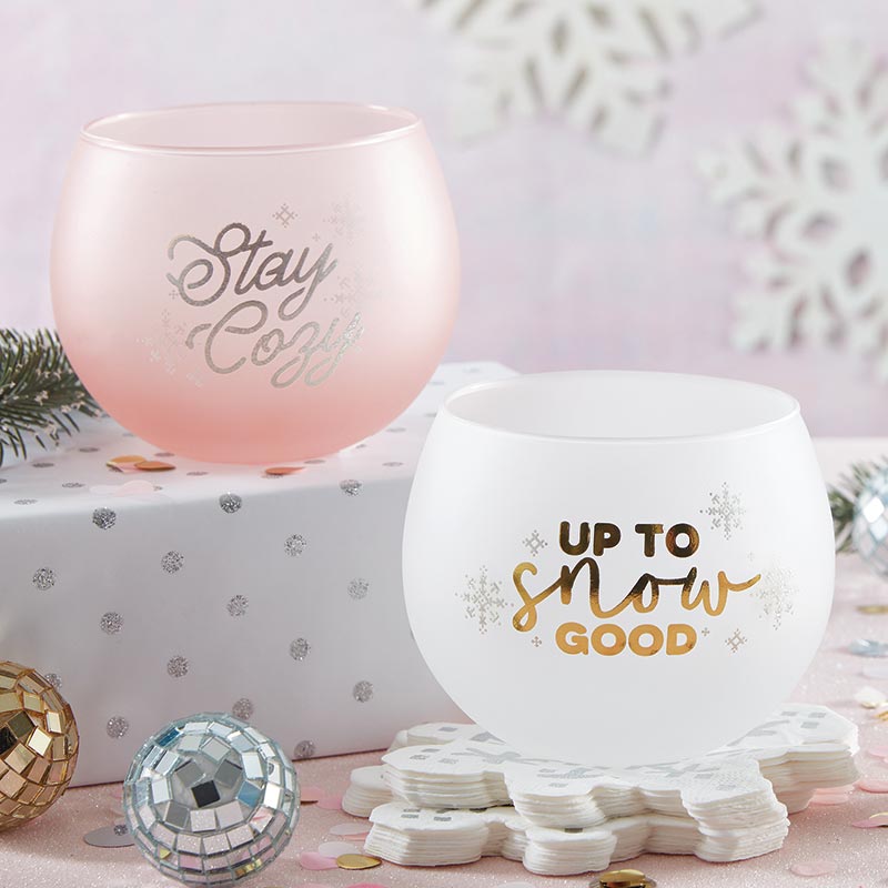 Stay Cozy Roly Poly Blush Pink Ombre Wine Glass | 13 oz. | Fall Christmas Snowflake Hygge Themed Small Wine Glass