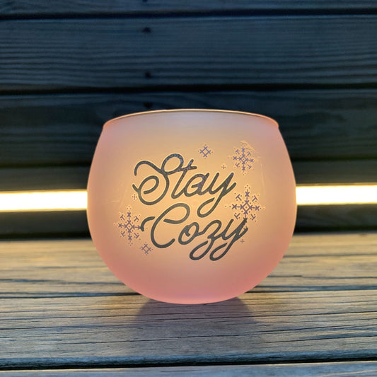 Stay Cozy Roly Poly Blush Pink Ombre Wine Glass | 13 oz. | Fall Christmas Snowflake Hygge Themed Small Wine Glass