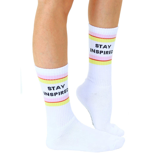 Stay Inspired White Classic Crew Socks with Ribbed Tubing | Seamless Toe Seam Novelty Socks