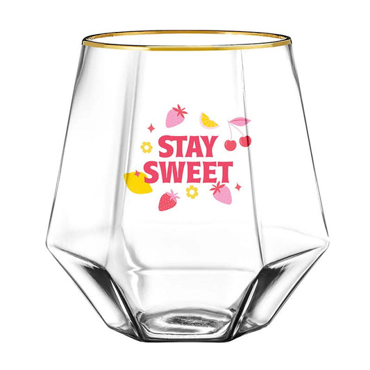 Stay Sweet Beveled Wine Glass | Hexagon Shaped Wine Stemless Glass Tumbler | 10oz