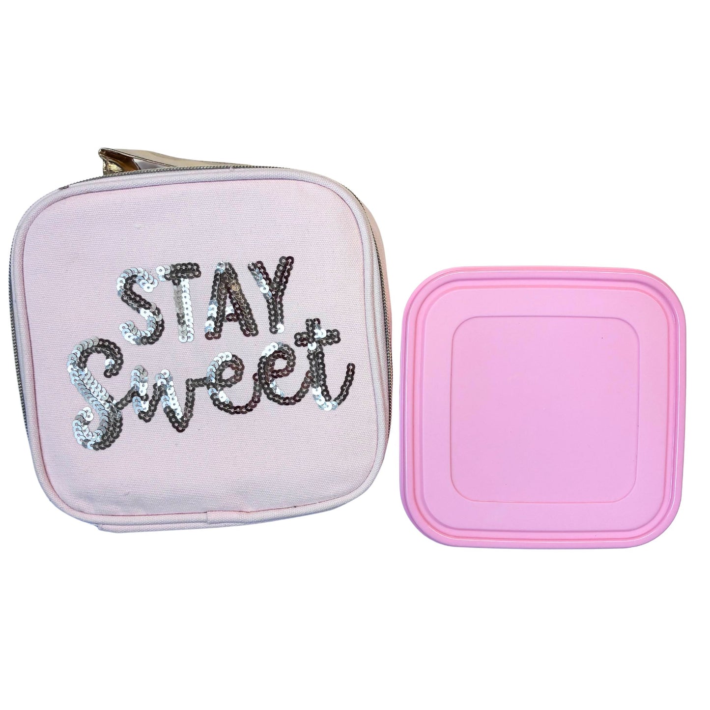 Stay Sweet Pink Combo Lunch Set | Sequin Embellished Lunch Bag and 6.25" Square Food Container