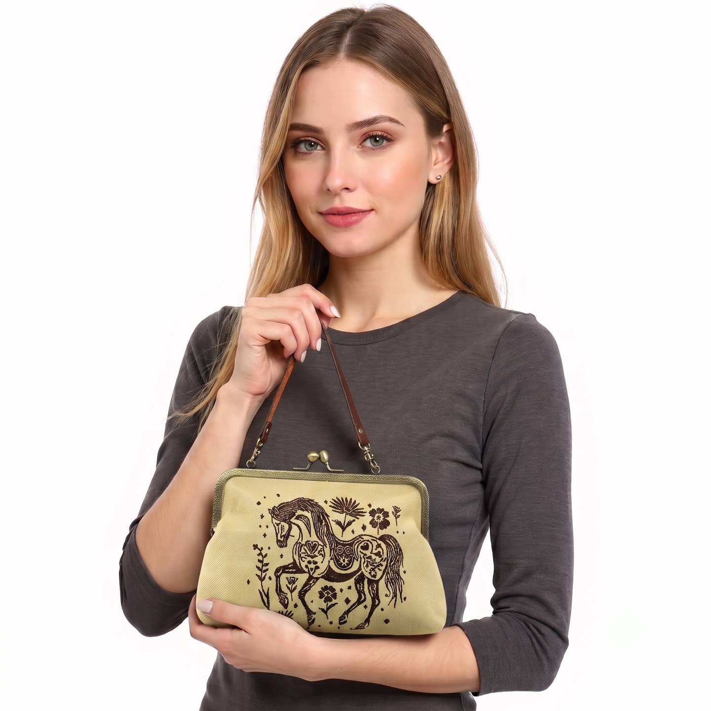 Stenciled Horse Kisslock Bag in Linen Blend-COMECO INC-The Bullish Store