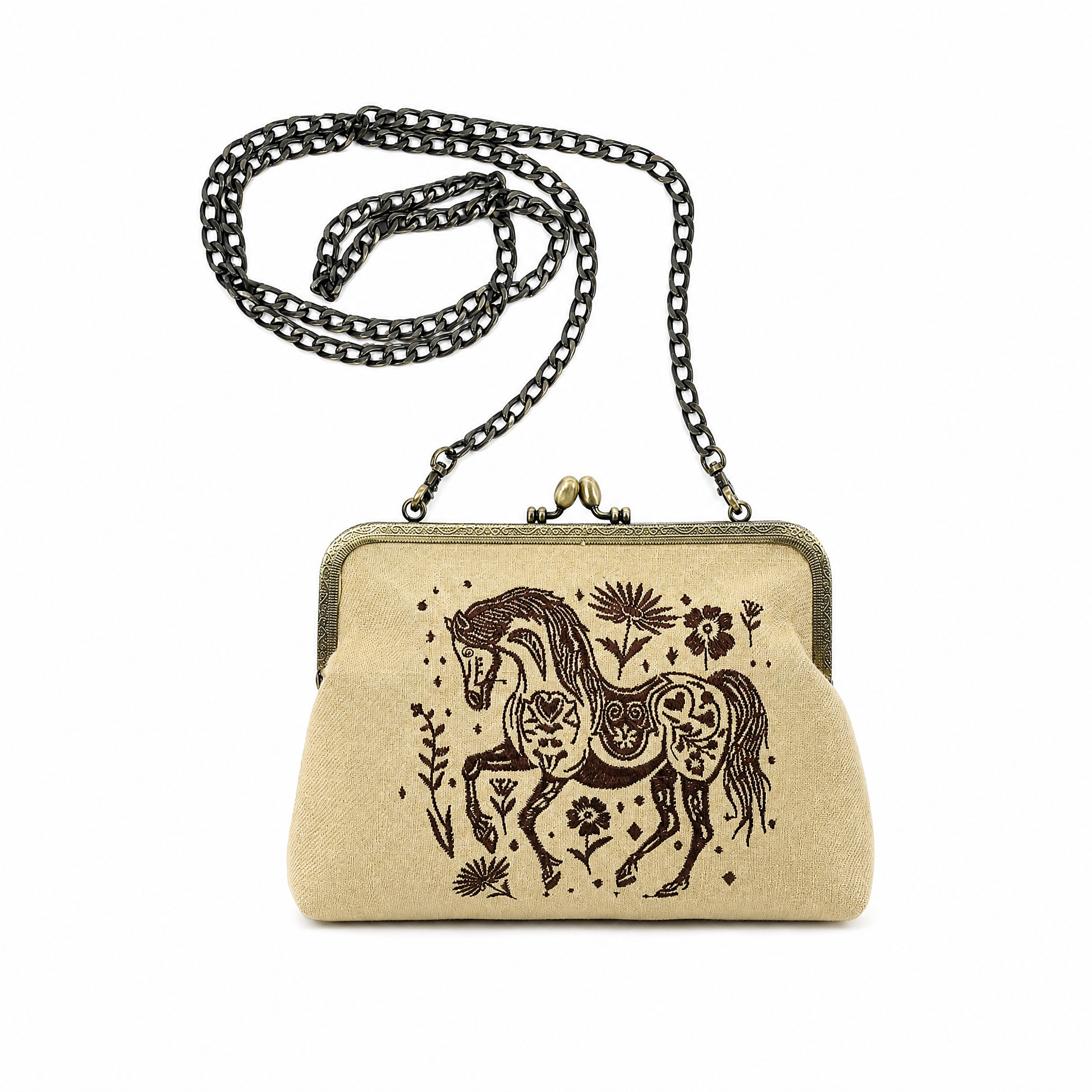 Stenciled Horse Kisslock Bag in Linen Blend-COMECO INC-The Bullish Store