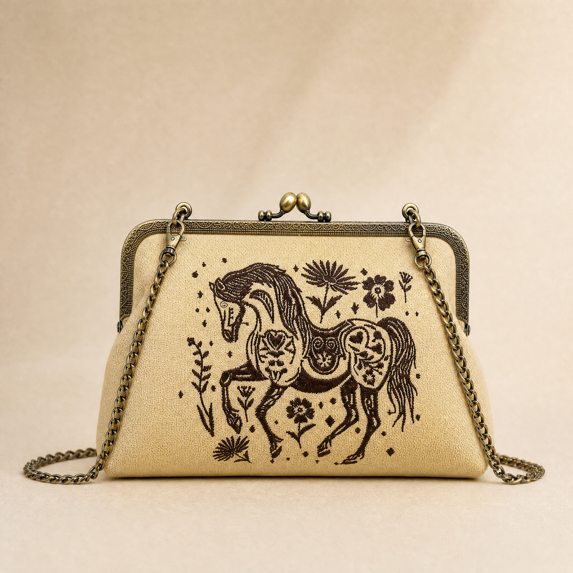 Stenciled Horse Kisslock Bag in Linen Blend-COMECO INC-The Bullish Store