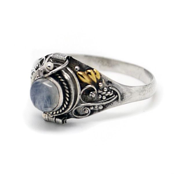 Sterling Silver Round Rainbow Moonstone Poison Locket Ring | Sizes 7-9