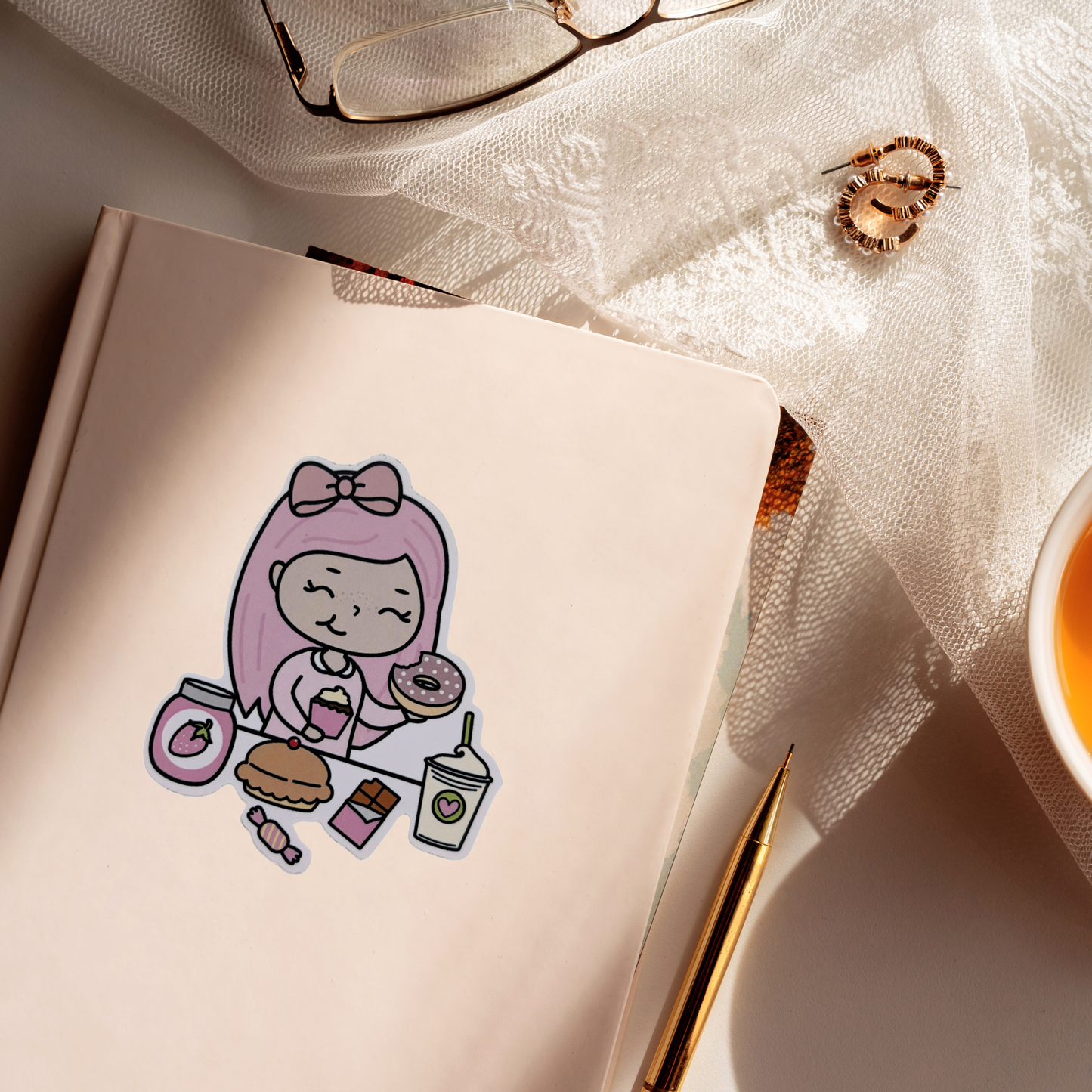 Donut Lover Vinyl Sticker | Kawaii Pink Hair Girl with Sweet Treats