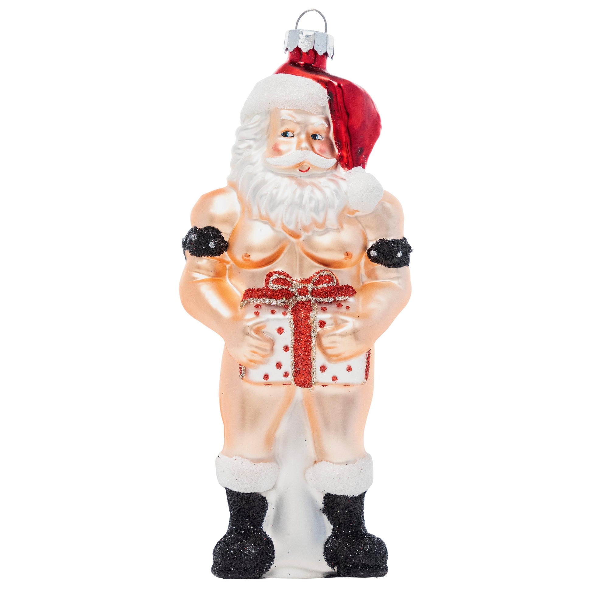Muscular Santa Claus ornament holding a gift on a white background