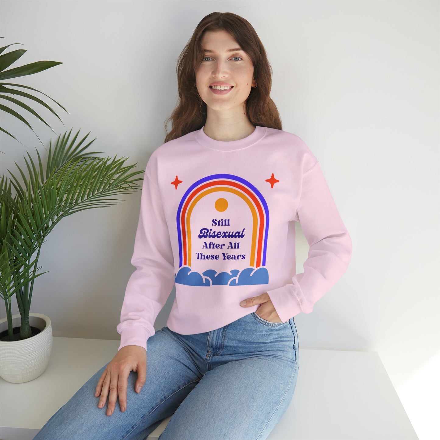 Still Bisexual After All These Years LGBTQ Pride Retro Rainbow Unisex Heavy Blend™ Crewneck Sweatshirt Sizes SM-5XL | Plus Size Available