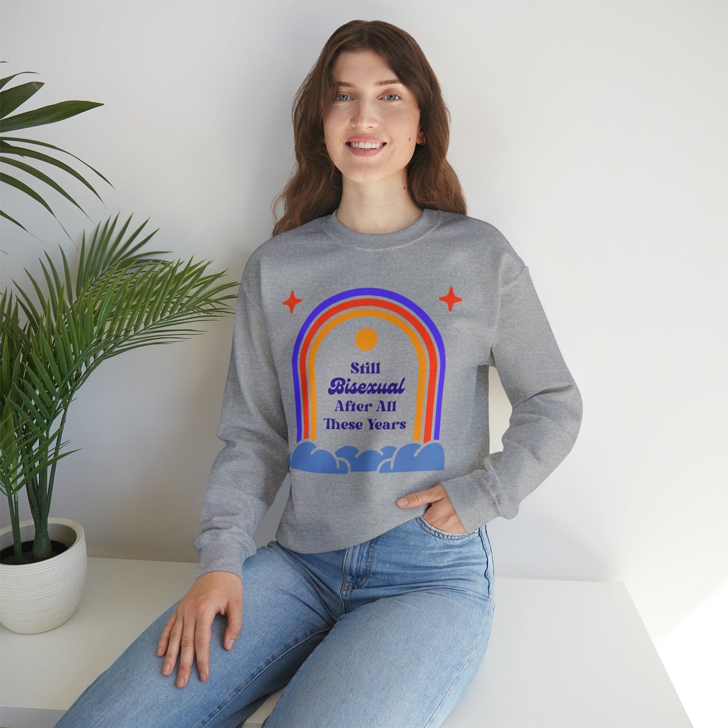 Still Bisexual After All These Years LGBTQ Pride Retro Rainbow Unisex Heavy Blend™ Crewneck Sweatshirt Sizes SM-5XL | Plus Size Available