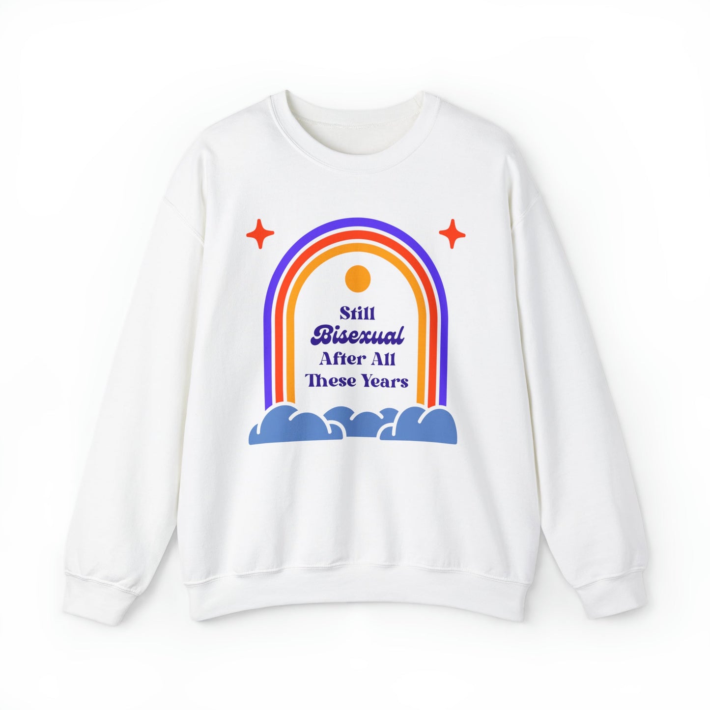 Still Bisexual After All These Years LGBTQ Pride Retro Rainbow Unisex Heavy Blend™ Crewneck Sweatshirt Sizes SM-5XL | Plus Size Available