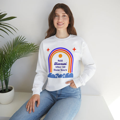 Still Bisexual After All These Years LGBTQ Pride Retro Rainbow Unisex Heavy Blend™ Crewneck Sweatshirt Sizes SM-5XL | Plus Size Available