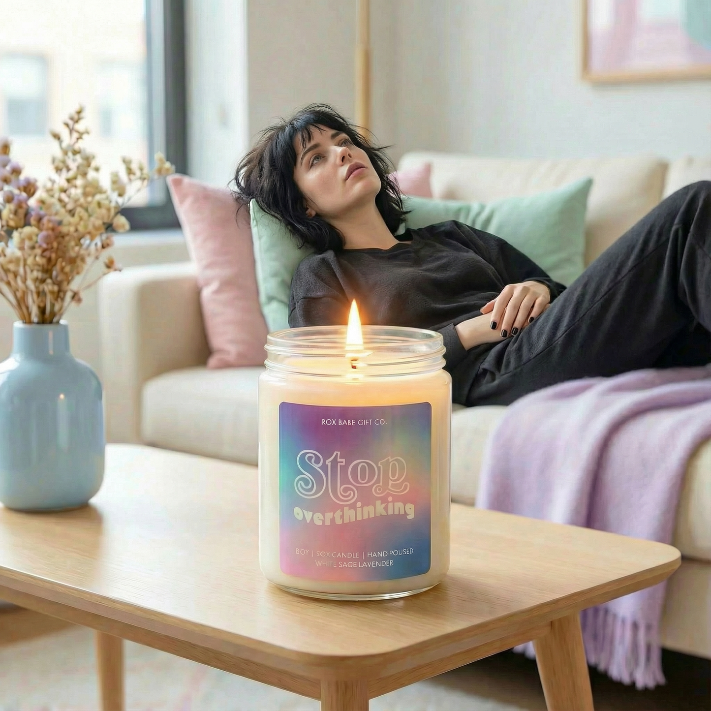 Stop Overthinking Candle in White Sage Lavender Scent | Self-Care Collection Wick Light