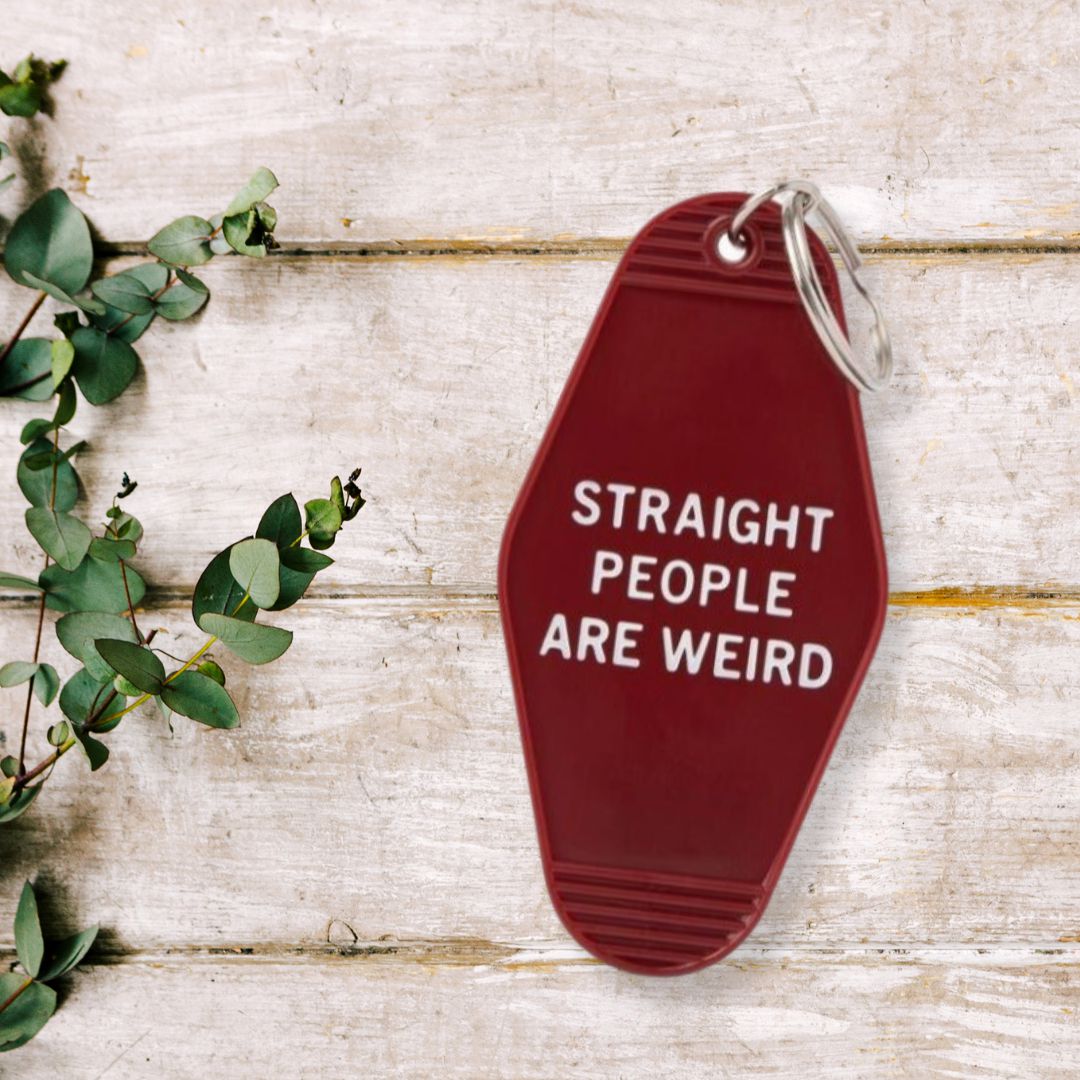 Straight People Are Weird Motel Style Keychain in Dark Red | LGBTQIA Pride Item