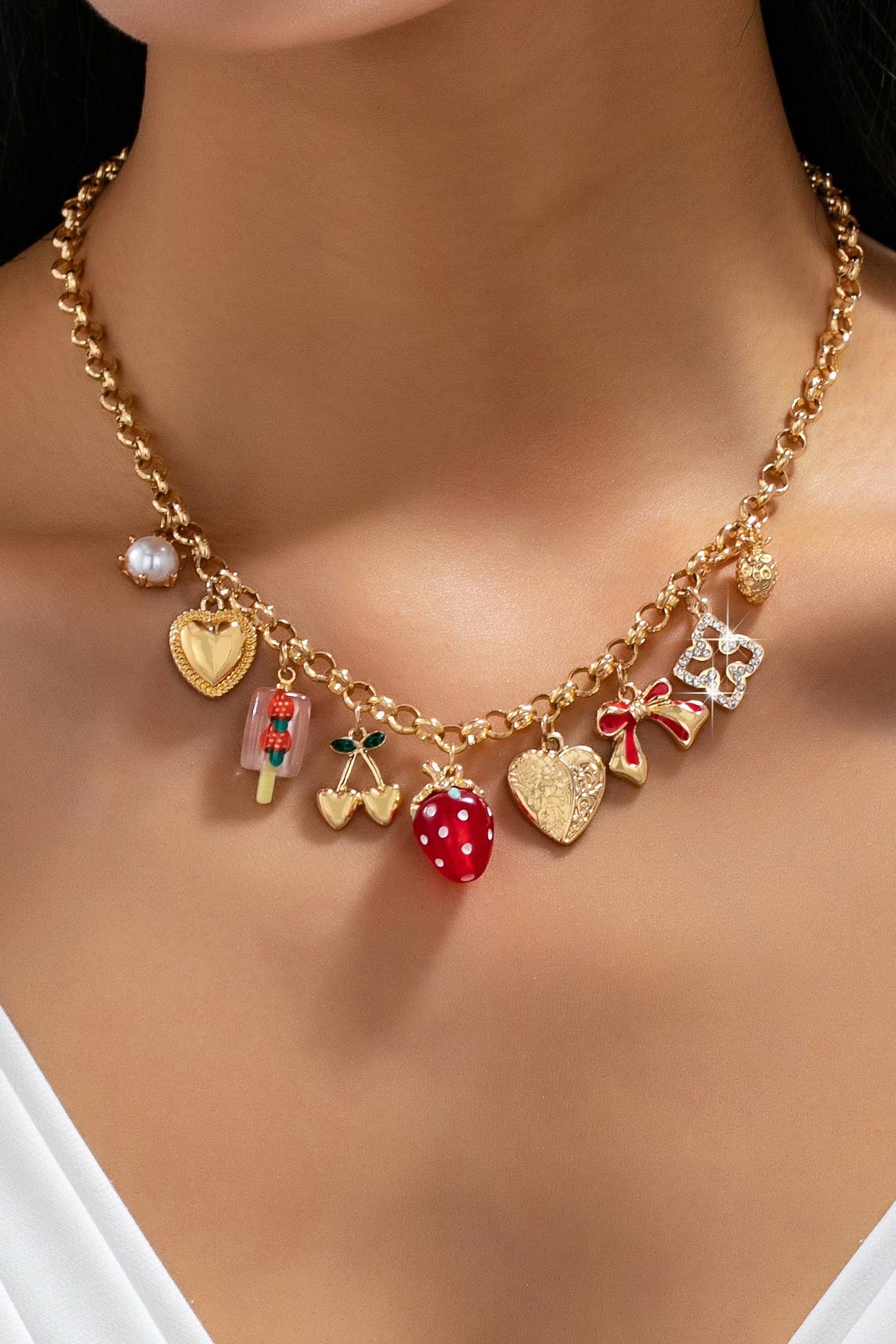 Strawberry Bow Heart Cherry Multi Charm Necklace in Gold Plating