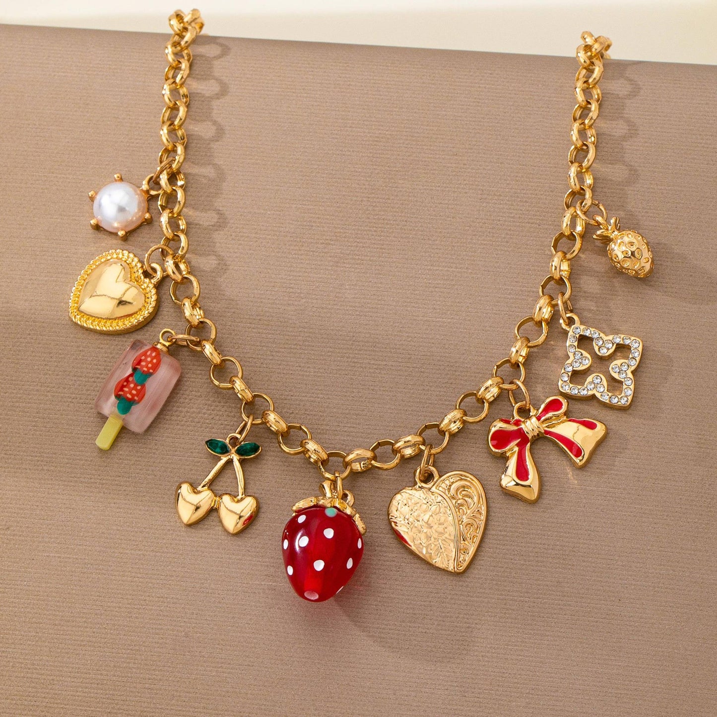 Strawberry Bow Heart Cherry Multi Charm Necklace in Gold Plating